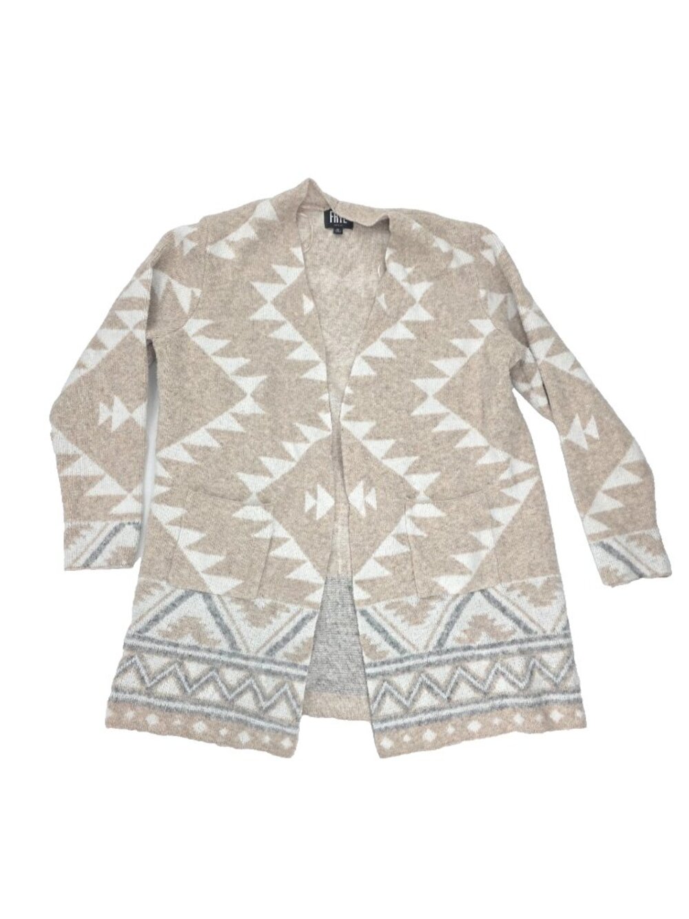Frye Cardigan Sweater Womens XL Beige White Aztec Geometric Open Front Cozy